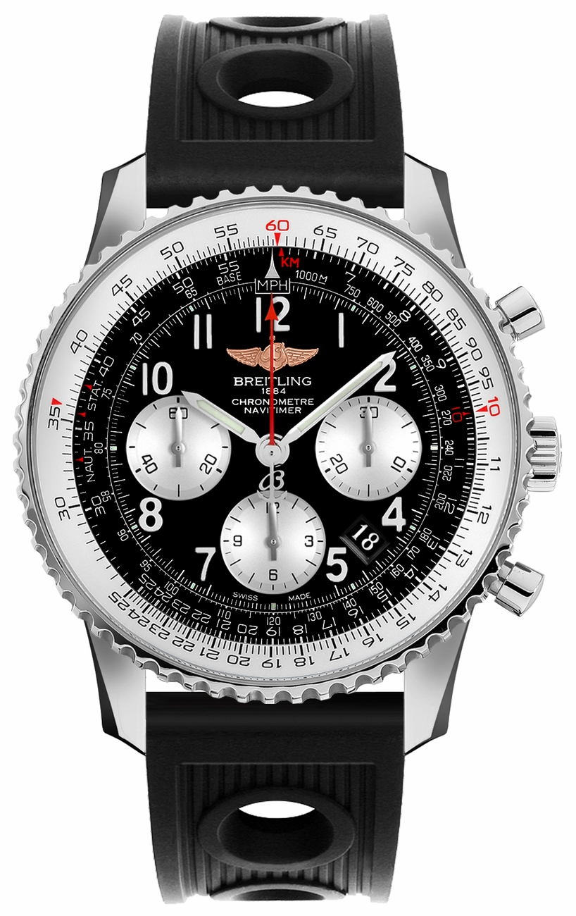 Navitimer 01 Chronograph 43mm Automatic in Steel On Black Ocean Racer Rubber Strap with Black Dial