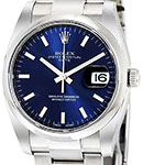 Date 34mm in Steel with Domed Bezel on Oyster Bracelet with Blue Index Dial