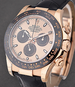 Daytona 40mm in Rose Gold with Black Ceramic Bezel on Strap with Rose Dial - Black Sub Dials
