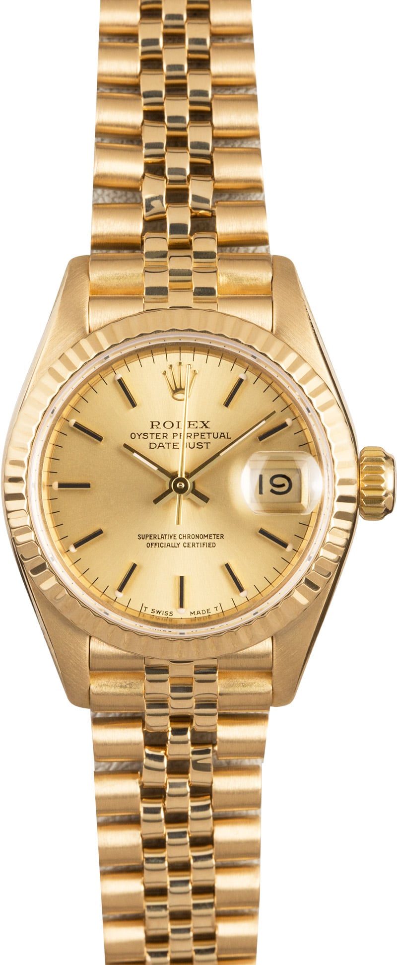 Datejust Lady President in Yellow Gold with Fluted Bezel on Yellow Gold Jubilee Bracelet with Champagne Stick Dial