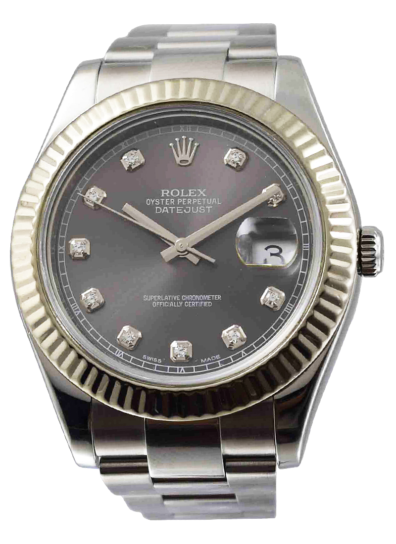 Pre-Owned Rolex Datejust 41mm in Steel with White Gold Fluted Bezel on Oyster Bracelet with Slate Diamond Dial