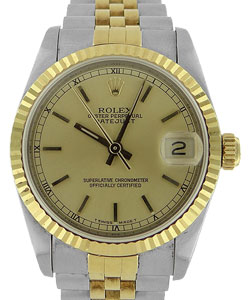 Datejust Mid Size in Steel with Yellow Gold Fluted Bezel   on Jubilee Bracelet with Champagne Stick Dial