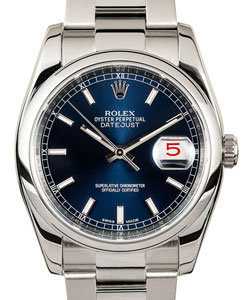 Datejust 36mm in Steel with Smooth Bezel on Oyster Bracelet with Blue Index Dial