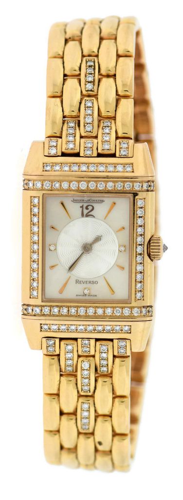 Reverso Duetto in Rose Gold with Diamond Bezel on Rose Gold Diamond Bracelet with MOP Diamond Dial