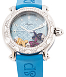 Happy Sport Fish in Steel with  White Gold Diamond Bezel on Blue Rubber Strap with Blue Dial and 3 Floating Diamond Fish
