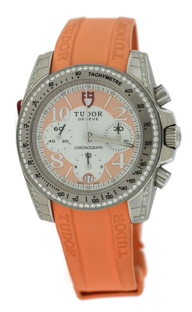 Diamond Chronograph in Steel with Diamond Bezel on Orange Rubber Strap with White and Orange Dial
