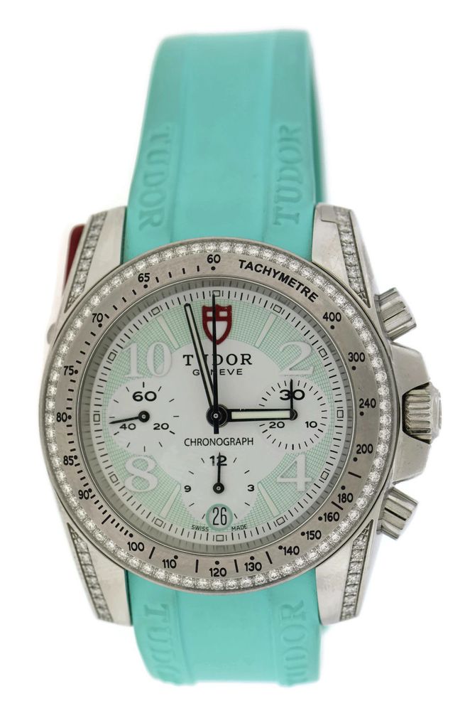Diamond Chronograph in Steel with Diamond Bezel on Turquoise Rubber Strap with White and Turquoise Dial
