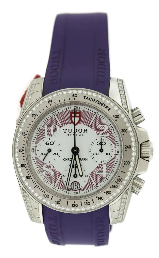 Diamond Chronograph in Steel with Diamond Bezel on Purple Rubber Strap with White and Purple Dial