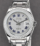 Masterpiece Mid Size White Gold with 2 Row Diamond Bezel on Pearlmaster Bracelet with Pave Diamond Dial with Blue Roman Numerals