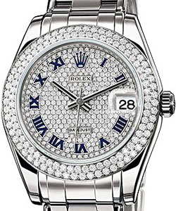 Masterpiece Mid Size White Gold with 2 Row Diamond Bezel on Pearlmaster Bracelet with Pave Diamond Dial with Blue Roman Numerals