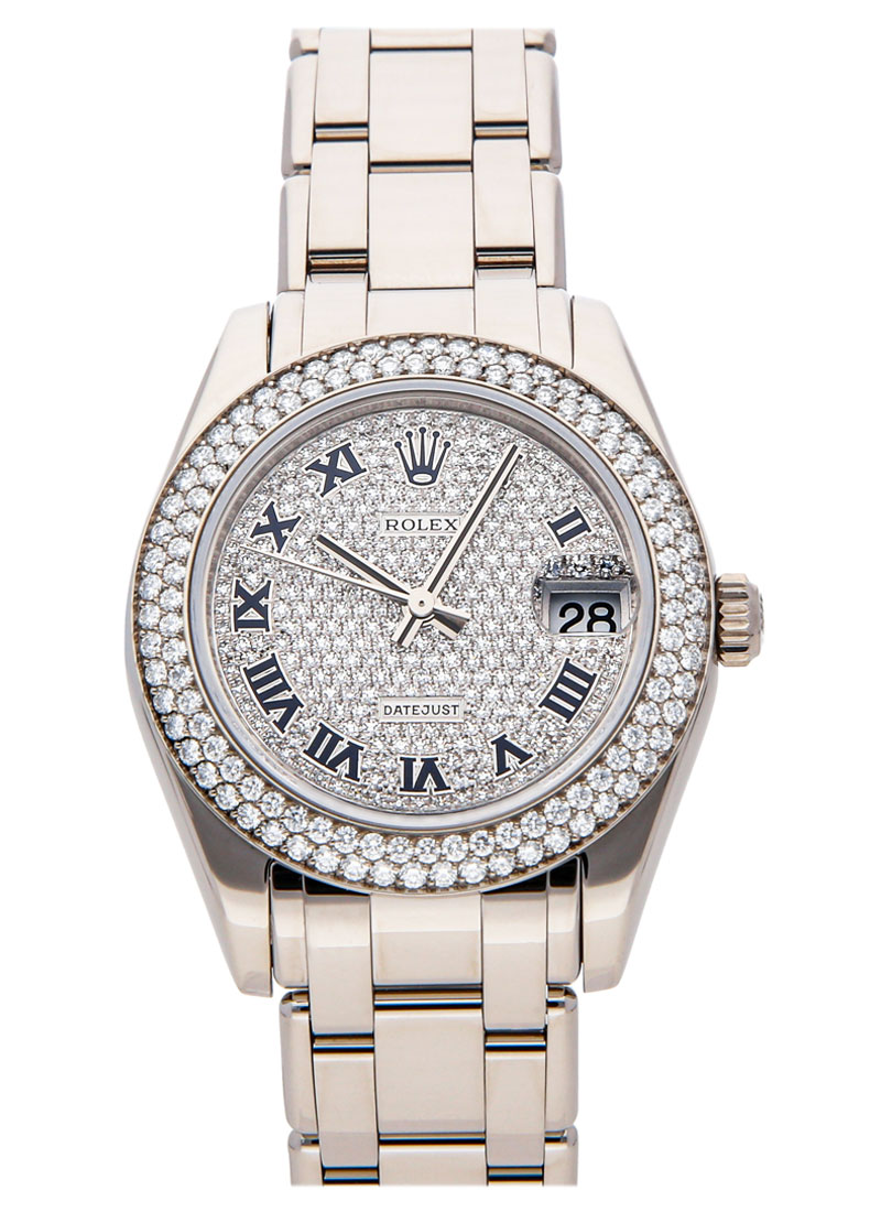 Masterpiece Mid Size White Gold with 2 Row Diamond Bezel on Pearlmaster Bracelet with Pave Diamond Dial with Blue Roman Numerals