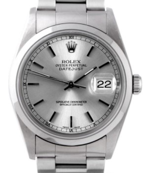 Datejust 36mm in Steel with Smooth Bezel on Oyster Bracelet with Grey Stick Dial