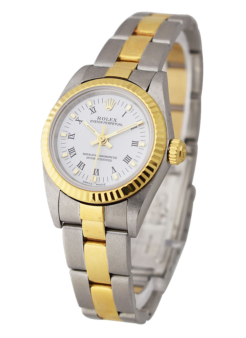 Pre-Owned Rolex Oyster Perpetual No Date Lady's in Steel with Yellow Gold Fluted Bezel