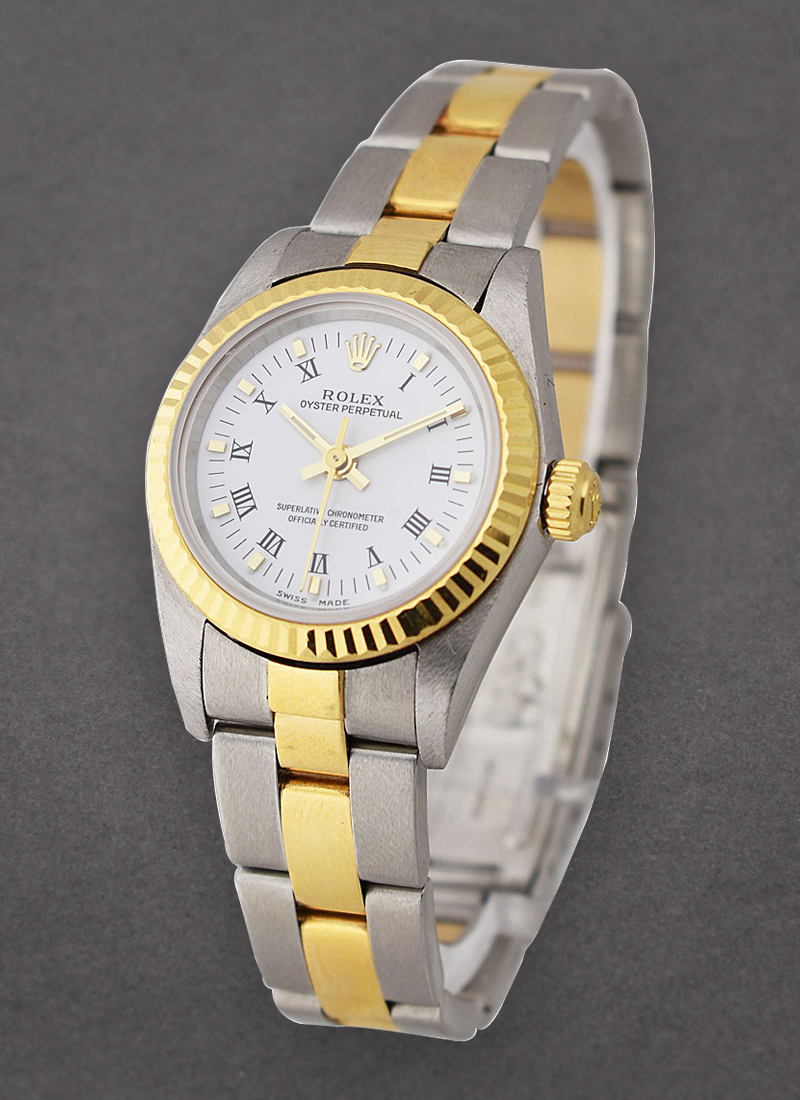 Pre-Owned Rolex Oyster Perpetual No Date Lady's in Steel with Yellow Gold Fluted Bezel