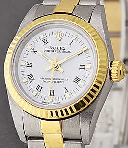 Oyster Perpetual No Date Lady's in Steel with Yellow Gold Fluted Bezel on Jubilee Bracelet with White Roman Dial