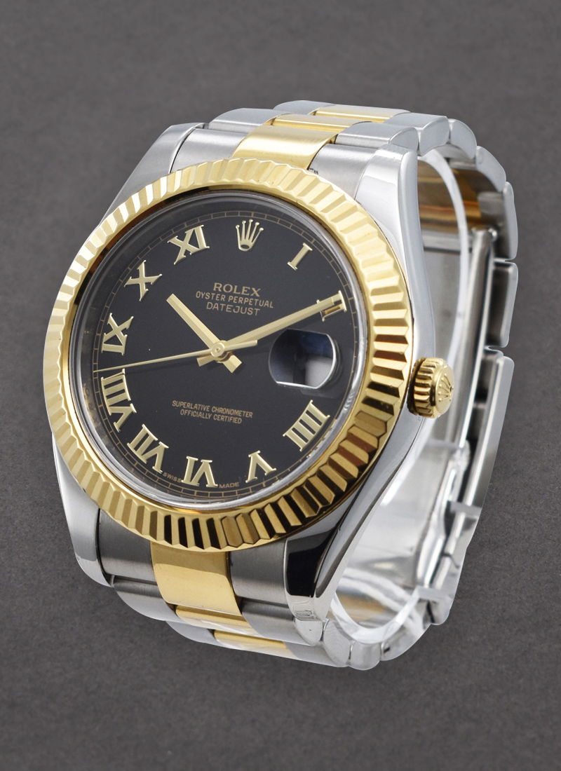 Datejust II 2 Tone 41mm with Fluted Bezel on Oyster Bracelet with Black Roman Dial 116333