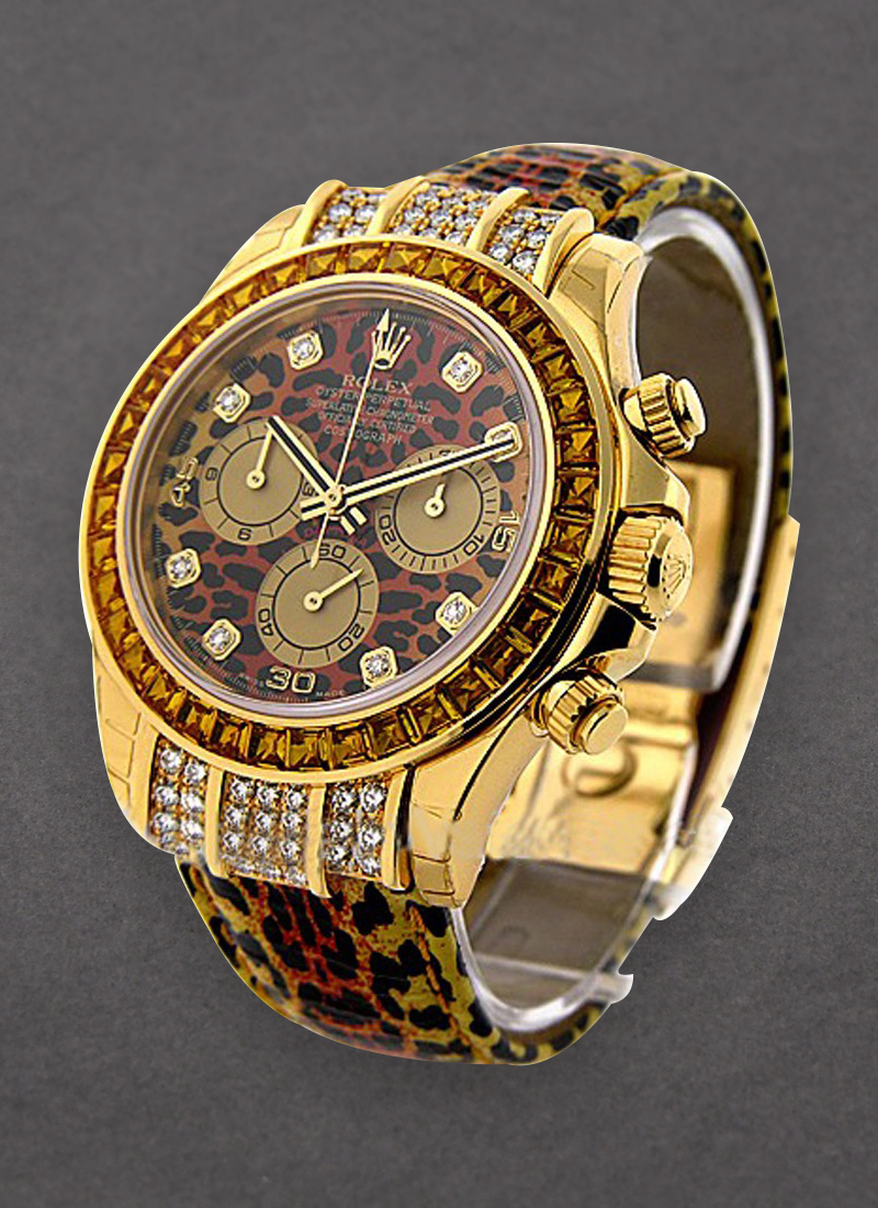 Pre-Owned Rolex Leopard Daytona 40mm in Yellow Gold with Diamond Bezel