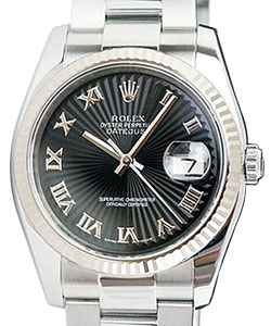 Datejust 36mm in Steel with Fluted Bezel on Bracelet with Black Sunbeam Dial with Roman Hour Markers
