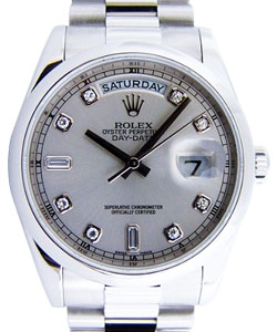 President 36mm Day Date in Platinum with Smooth Bezel on President Bracelet with Silver Diamond Dial