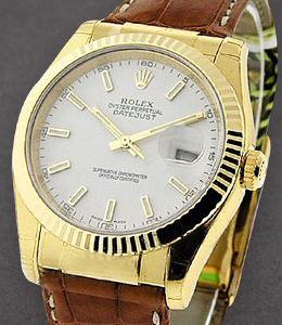 Datejust in Yellow Gold with Fluted Bezel on Strap with White Stick Dial