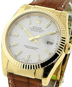 Datejust in Yellow Gold with Fluted Bezel on Strap with White Stick Dial