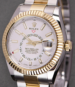 Sky Dweller 42mm in Steel with Yellow Gold Fluted Bezel on Oyster Bracelet with White Dial