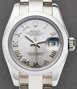 Datejust Ladies 26mm in Steel with Domed Bezel on Steel Oyster Bracelet with Silver Roman Dial