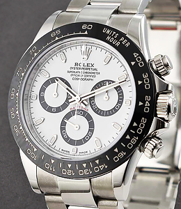 Daytona 40mm in Steel with Black Ceramic Bezel on  Oyster Bracelet with White Dial