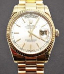 President 36mm in Yellow Gold Fluted Bezel on President Bracelet with Silver Stick Dial