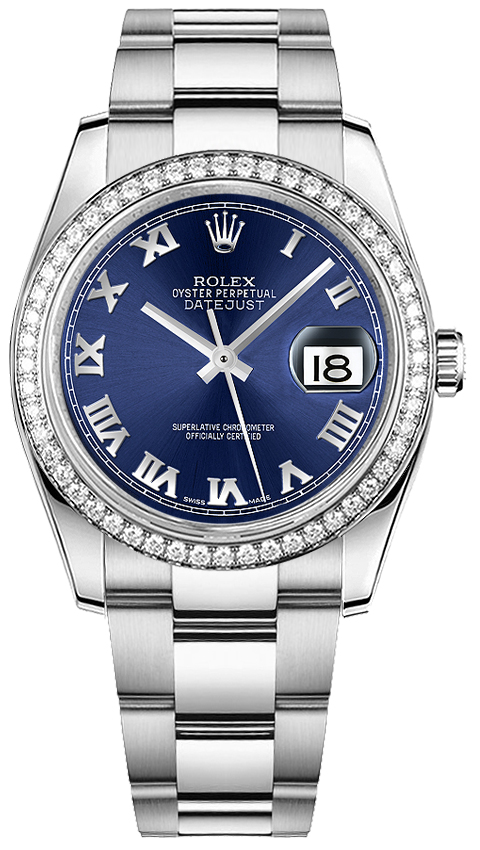 Datejust 36mm with White Gold Diamond Bezel on Oyster Bracelet with Blue Roman Dial
