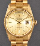 Day Date President 36mm in Yellow Gold with Barked Bezel on President Bracelet in Champagne Tapestry Stick Dial