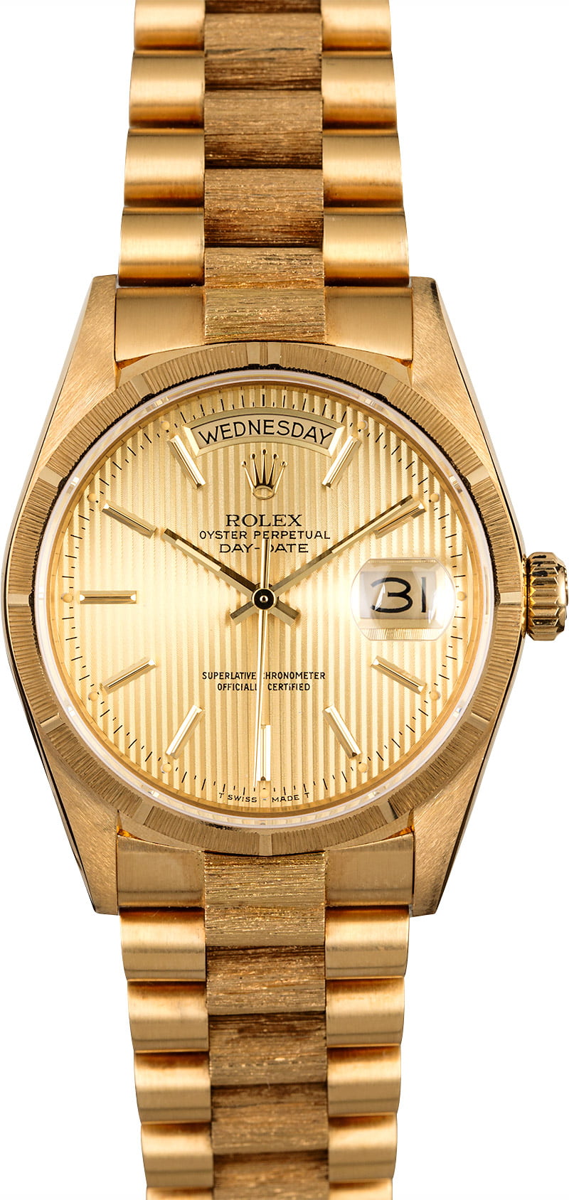 Day Date President 36mm in Yellow Gold with Barked Bezel on President Bracelet in Champagne Tapestry Stick Dial