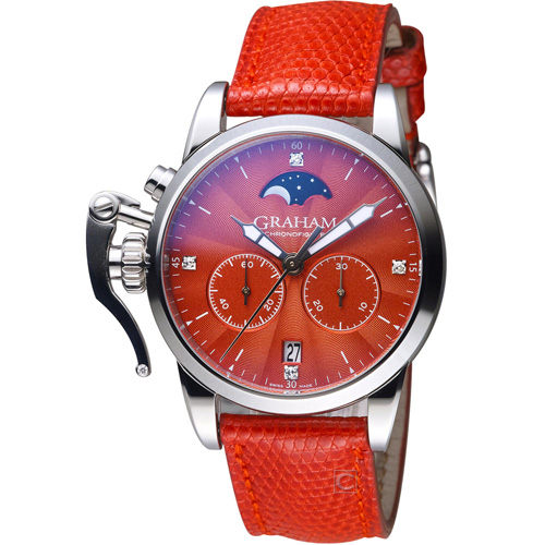 Chronofighter 1965 Lady Moon 36mm Automatic in Steel on Red Lizard Leather Strap with Red Flinque Diamond Dial
