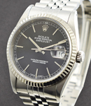 Datejust 36mm in Steel with White Gold Fluted Bezel on Jubilee Bracelet with Black Stick Dial