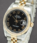 Datejust 36mm in Steel with Yellow Gold Fluted Bezel on Jubilee Bracelet with Black Roman Dial