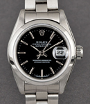 Date Ladys in Steel with Smooth Bezel on Steel Oyster Bracelet with Black Stick Dial