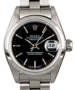 Date Ladys in Steel with Smooth Bezel on Steel Oyster Bracelet with Black Stick Dial