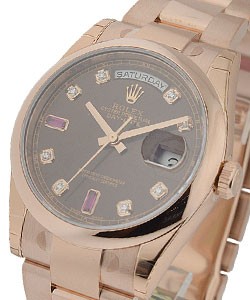 Day Date President in Rose Gold with Smooth Bezel on Oyster Bracelet with Brown Diamond Ruby Marker Dial