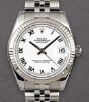 Mid Size DateJust 31mm in Steel with White Gold Fluted Bezel on Jubilee Bracelet with White Roman Dial