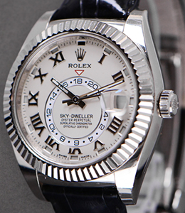 Sky Dweller in White Gold with Fluted Bezel on Strap with Ivory Roman Dial