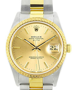 Date 34mm in Steel with Yellow Gold Fluted Bezel on Steel and Yellow Gold Oyster Bracelet with Champagne Stick Dial