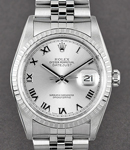 Datejust 36mm in Steel with Engine Turned Bezel on Jubilee Bracelet with Silver Roman Dial