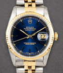 Datejust 36mm with Yellow Gold Fluted Bezel on Jubilee Bracelet with Blue Stick Dial