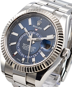 Sky Dweller in Steel with White Gold Fluted Bezel on Oyster Bracelet with Blue Stick Dial