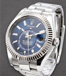 Sky-Dweller in Steel with White Gold Fluted Bezel on Oyster Bracelet with Blue Stick Dial