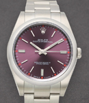 Oyster Perpetual in Steel with Smooth Bezel on Oyster Bracelet with Red Grape Stick Dial