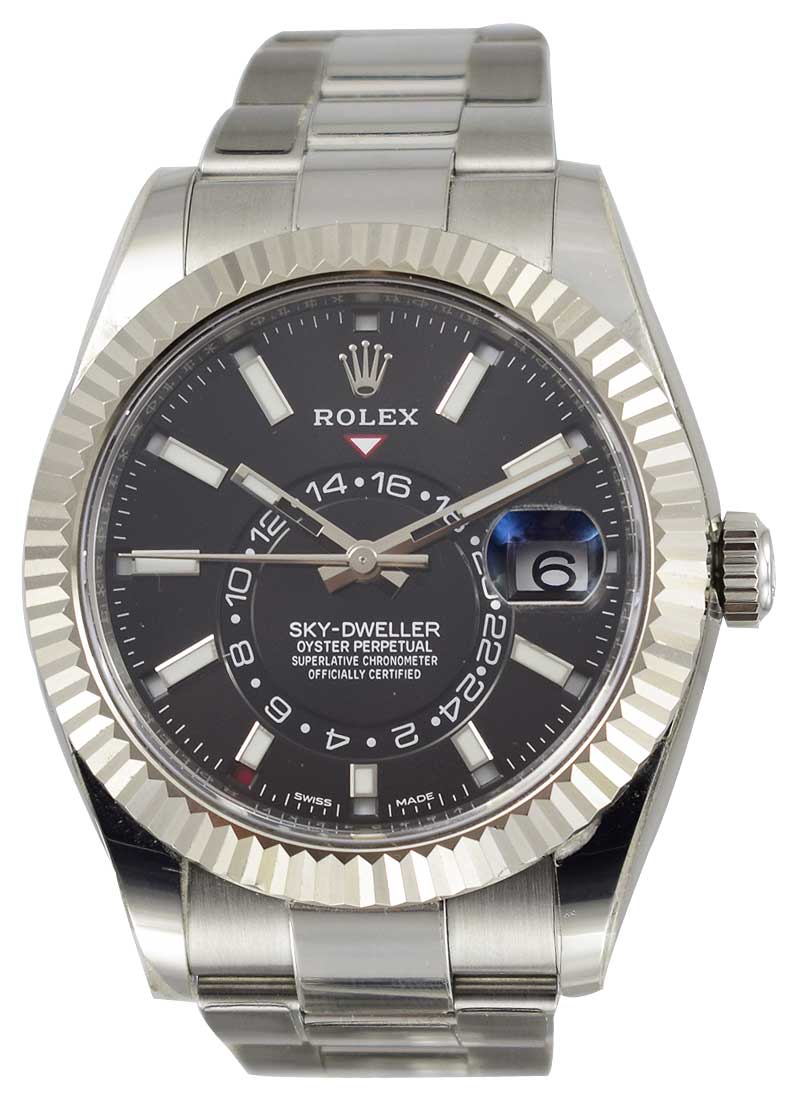 Pre-Owned Rolex Sky Dweller in Steel with White Gold Fluted Bezel on Oyster Bracelet with Black Stick Dial