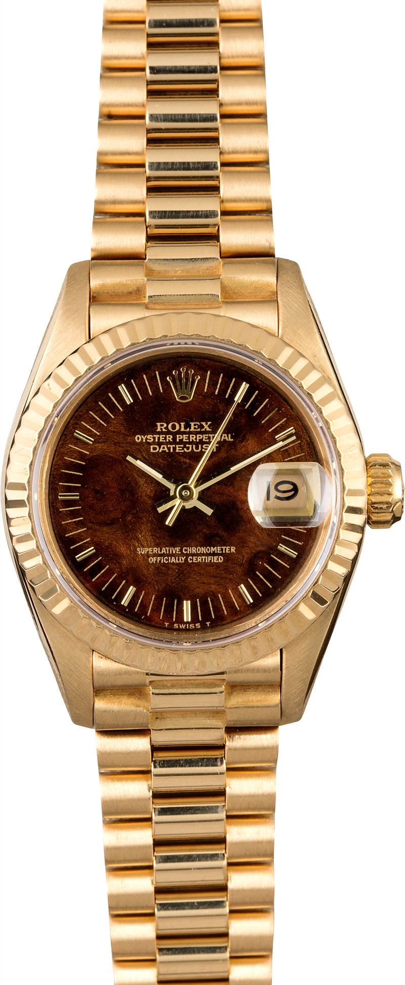 Datejust Lady's President in Yellow Gold with Fluted Bezel on Yellow Gold President Bracelet with Wooden Index Dial