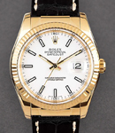 Men's Datejust 36mm in Yellow Gold with Fluted Bezel on Strap with White Stick Dial