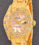 Masterpiece 29mm Yellow Gold with 12 Diamond Bezel on Pearmaster Bracelet with Champagne Roman Dial